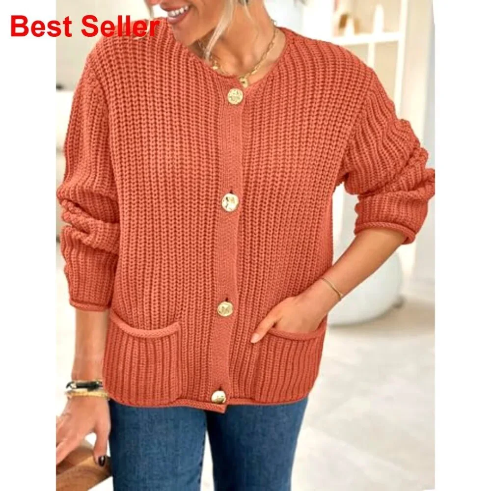 Oversized Chunky Knit Cardigan with Pockets, 60% Cotton 40% Acrylic